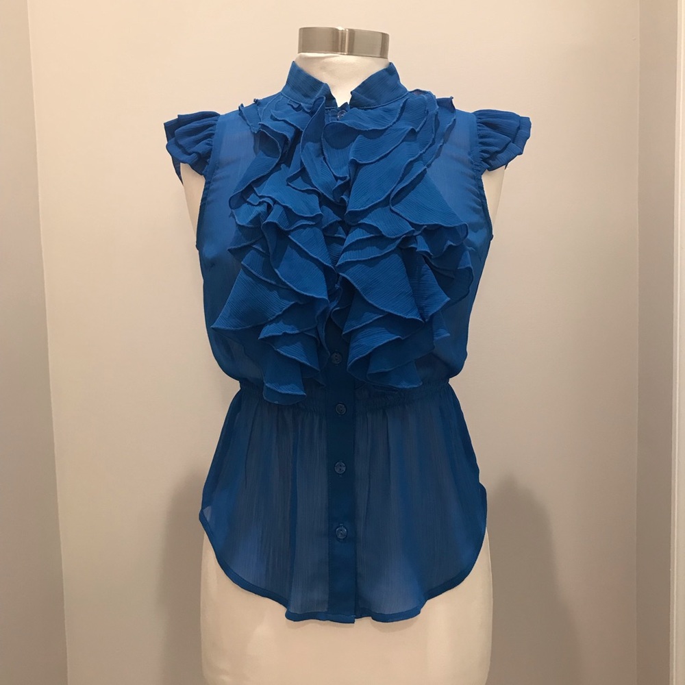 Blue ruffle button down shirt with peplum
